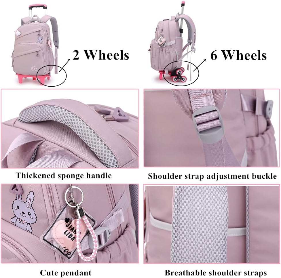 Rolling Backpack for Girls Trolley BookBag with Wheels Elementary and Middle School Luggage Travel Bag - Image 4