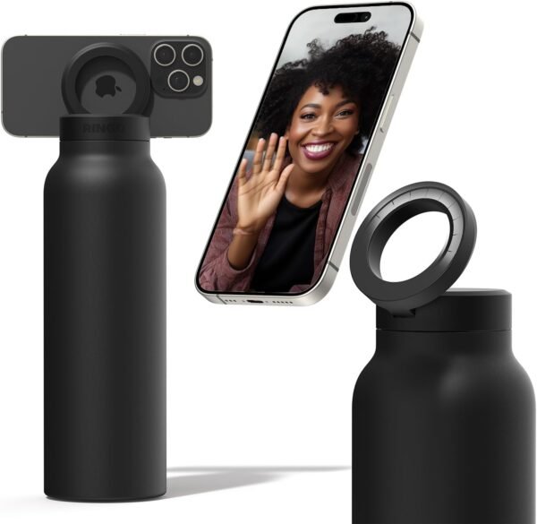 Ringo Insulated Water Bottle - Compatible MagSafe Water Bottle With Phone Holder - Stainless Steel Water Bottle With Magnetic Phone Tripod Mount - Hot 12H, Cold 24H, 360° Rotate - Black 32oz