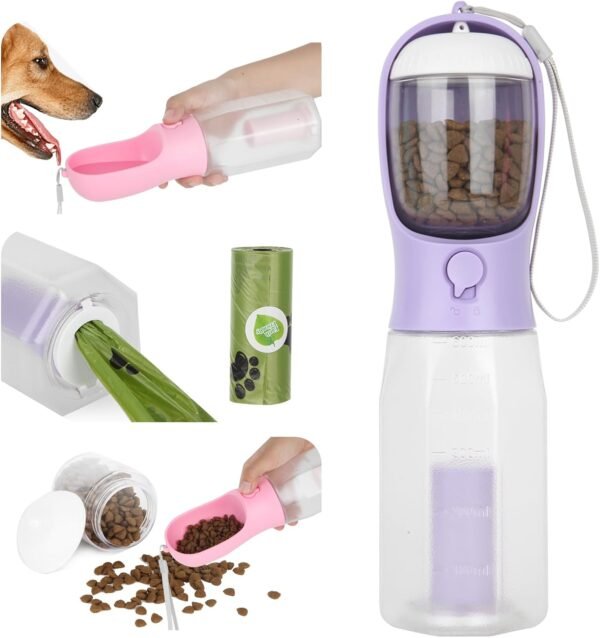 Ultimate Dog Travel Companion: 3-in-1 Water Bottle, Food Container, and Waste Bag Dispenser for Outdoor Adventures (20 Ounce, Vine Purple)