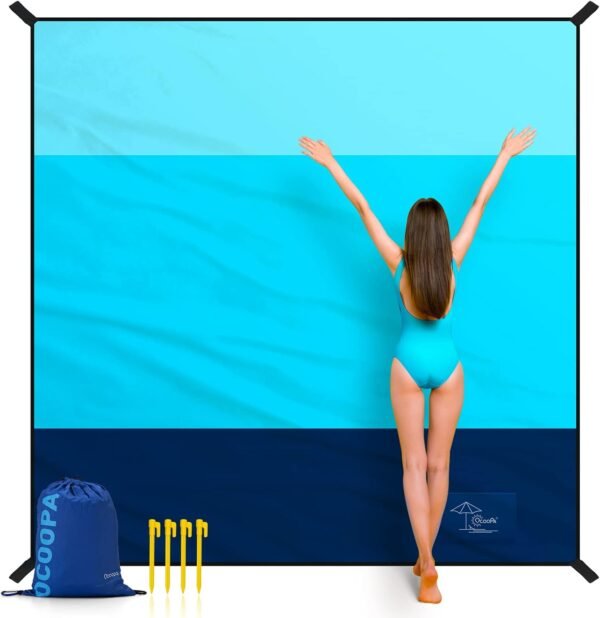 OCOOPA Beach Blanket, Extra Large Sandproof Waterproof, Picnic Mat, 8 Persons Family Size, Sand Free, Comfortable, Durable Parachute Nylon 210T, Lightweight, 4 Stakes&1 Travel Bag, S09