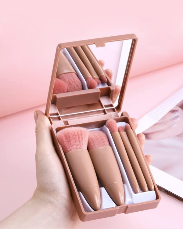 Travel Size Makeup Brushes Set Mini Makeup Brushes, Small Complete Function Cosmetic Brushes Kit with Case and Mirror Perfect for On The Go, 5PC (Mini Pink)