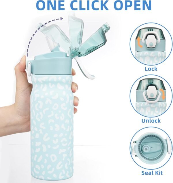 BJPKPK Insulated Water Bottle 18oz Stainless Steel Water Bottles With Straw And Carry Handle Double Wall Metal Thermos,Light Blue Leopard - Image 3