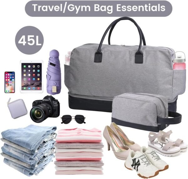 Inspack Duffel Bag with Shoe Compartment for Men/Women, 45L Gym Sports Bags with Trolley Sleeve, 22x14x9 Carry on/Weekender/Travel Tote/Duffle/Overnight Bag（Grey） - Image 7