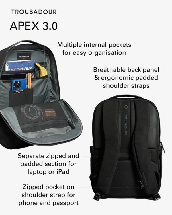 Troubadour Apex Backpack 3.0 - Ultimate Work & Travel Laptop Backpack - 17" Padded Laptop Pocket - Waterproof, Lightweight, Spacious - Innovative Pockets - Made From Recycled Materials - Navy - Image 3