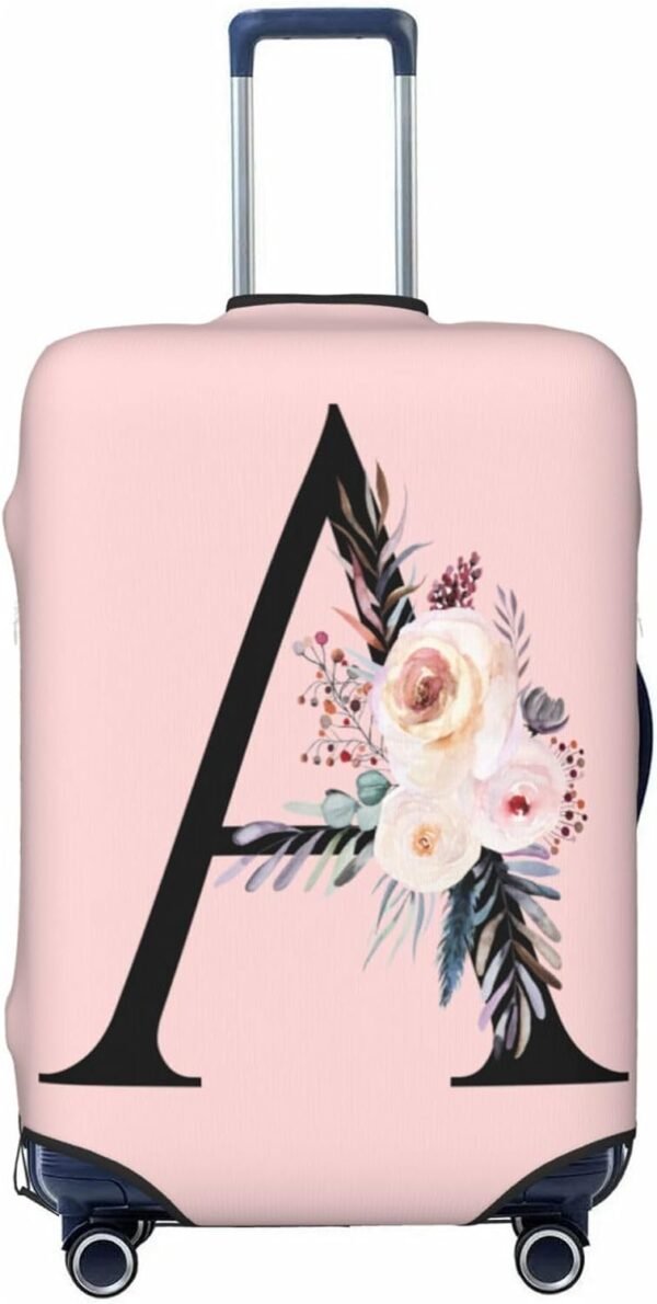 Spandex Travel Luggage Cover Cute Pink Suitcase Protector Bag,Black Letter A With Boho Floral Flowers Leaves Anti-Scratch,Dust-Proof Washable Baggage Covers For Kid Adult,S (For 18-21 Inch Luggage)