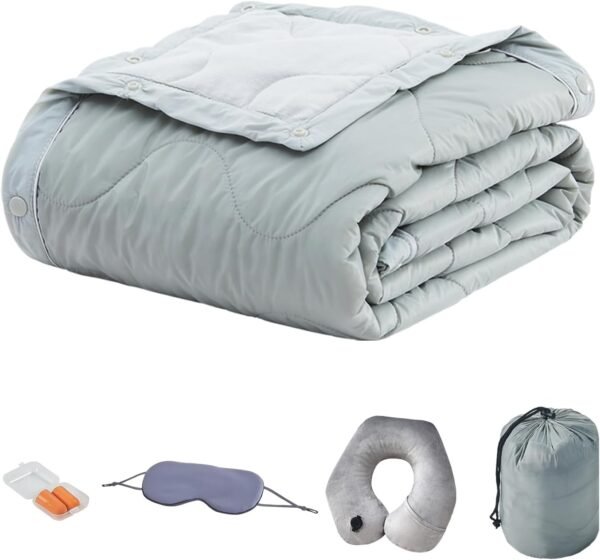 Commollis Travel Blanket Luxury Travel Set -Travel Blanket and Pillow Set - Portable Inflatable Travel Neck Pillow and Premium Soft Airplane Blanket with Built-in Soft Bag,Eye Mask, Earplugs