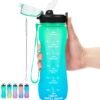 24 OZ Motivational Kids Water Bottle With Time Marker,Straw Lid,Leak Proof, Tritan BPA Free Sports Water Bottle Green-Blue(1 Lid)