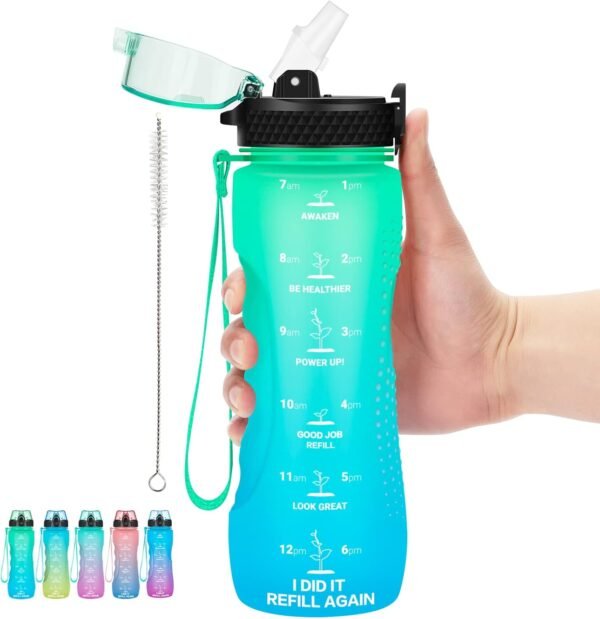 24 OZ Motivational Kids Water Bottle With Time Marker,Straw Lid,Leak Proof, Tritan BPA Free Sports Water Bottle Green-Blue(1 Lid)