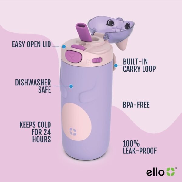 Ello Ellies 12oz Vacuum Insulated Stainless Steel Kids Water Bottle with Straw and Built-in Carrying Handle and Leak-Proof Locking Lid for School Backpack, Lunchbox and Outdoor Sports - Image 3