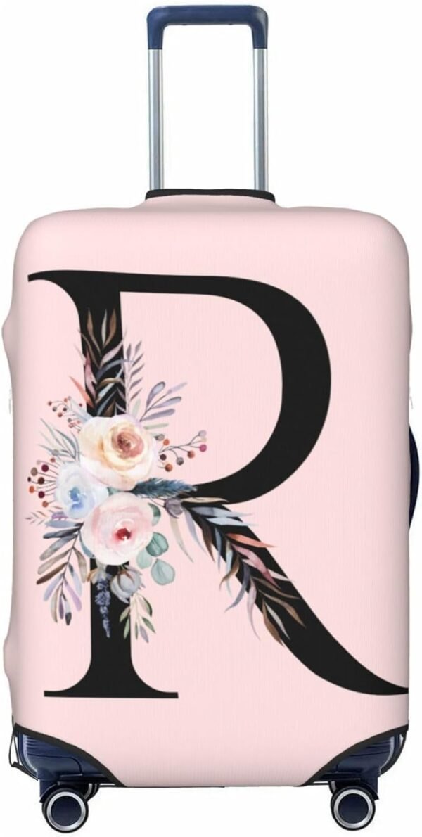 Spandex Travel Luggage Cover Cute Pink Suitcase Protector Bag,Black Letter R With Boho Floral Flowers Leaves Anti-Scratch,Dust-Proof Washable Suitcase Sleeve For Kid Adult,M (For 22-24 Inch Luggage)