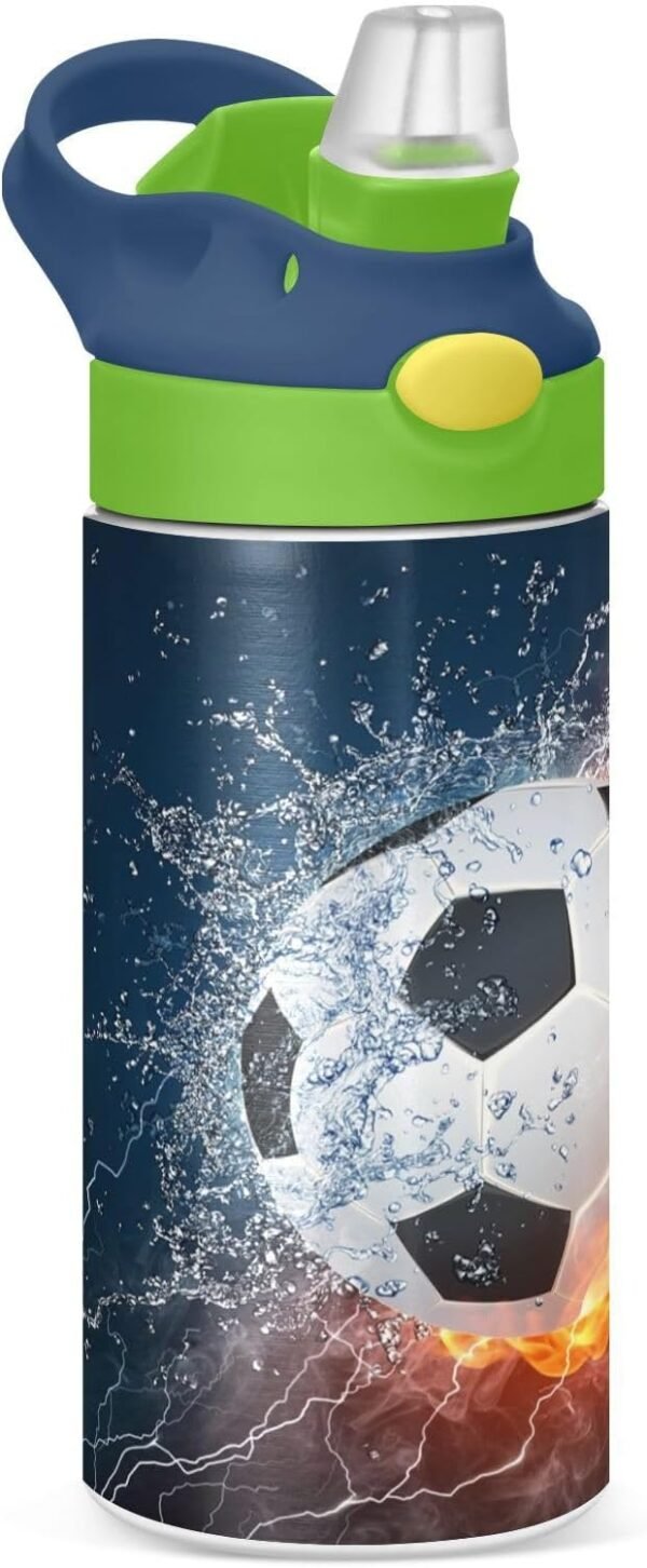 Fire Ice Football Kids Water Bottle with Straw and Carry Handle Soccer Ball Sports Theme Vacuum Insulated Stainless Steel Bottles Leak-Proof for Boys Girls Toddler 12 oz Green Lid - Image 2
