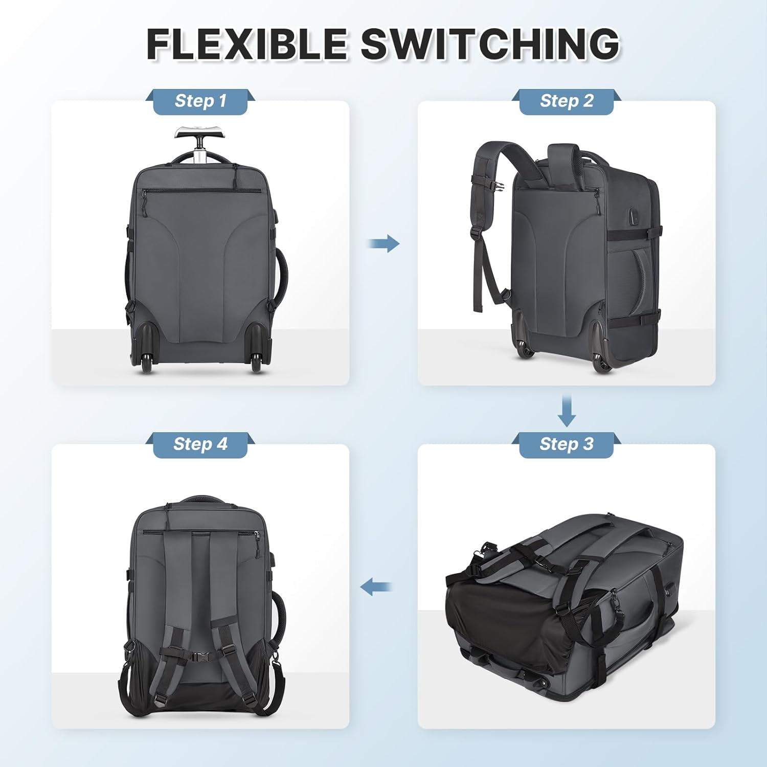 Rolling Backpack for Women Men, Carry on Luggage Travel Backpack with Wheels for Adults, 40L Airline Rolling Laptop Bag, 17 Inch Laptop Trolley Backpack for Overnight Travel Business (Gray) - Image 8