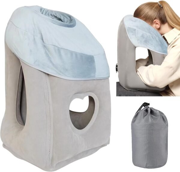 Inflatable Travel Pillow, Multifunction Travel Neck Pillow with Super Soft Slipcover, Comfortably Supports Head and Chin for Airplane, Car, Trains, Bus and Office(Grey)