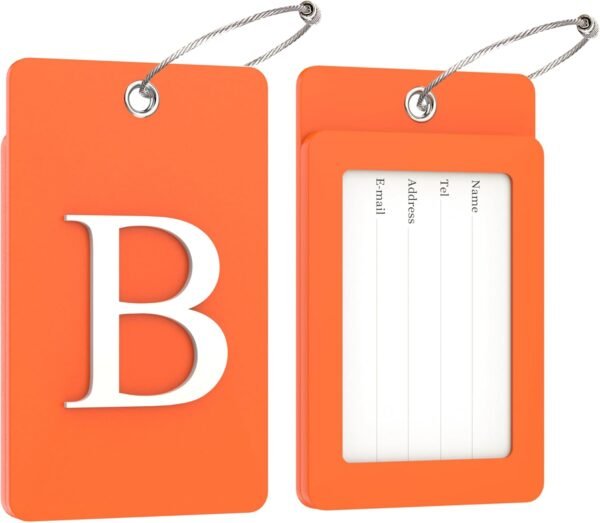 Gostwo 2 Pack Luggage Tags for Suitcases, 26 Initial Letter Travel Luggage Baggage Identification Labels ID Tag Fully Bendable Tags with Stainless Steel Loop (Orange) (Letter B) - Image 2
