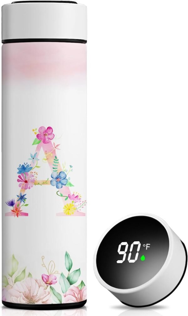 Personalized 16oz Initial Water Bottle,Smart Sport Water Bottle with LED Temperature Display,Customized Letter Coffee Thermos,Travel Coffee Mug (A)