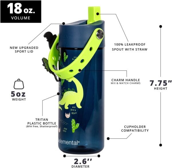 Elemental Leak Proof Water Bottles for Kids - Splash Kids Water Bottle for School with Fun Charm Handle - BPA Free Tritan Plastic Reusable Water Bottle with Straw - Dinosaur Friends - 18oz - Image 2
