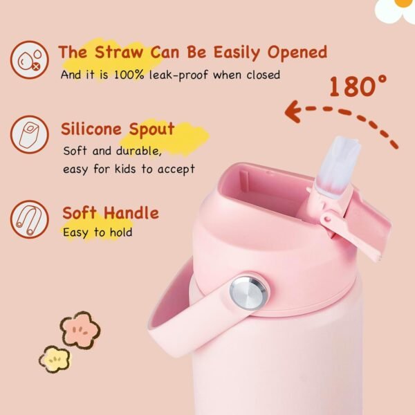 Kerilyn 12oz Kids Insulated Water Bottle, Leak-proof Toddler Cup With Straws Lids, Kids Water Bottles For School Boys Girls, Stainless Steel Vacuum Insulated Bottle For Kids, BPA Free, Pink - Image 3
