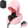 JSELF Travel Pillow with Hood, Neck Pillow for Airplane, Hooded Neck Pillow for Travel, Long Flight, Car, Plane, Office, Sleeping, 100% Pure Memory Foam Head Chin Support Airplane Pillow - Pink