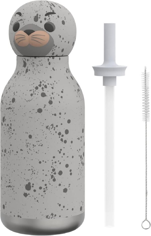 asobu Bestie Bottle Insulated Stainless Steel Water Bottle with Detachable Soft Animal Head Fun Drinking For Kids and Teens with Flexible Reusable Straw 16 Ounce (Seal White)