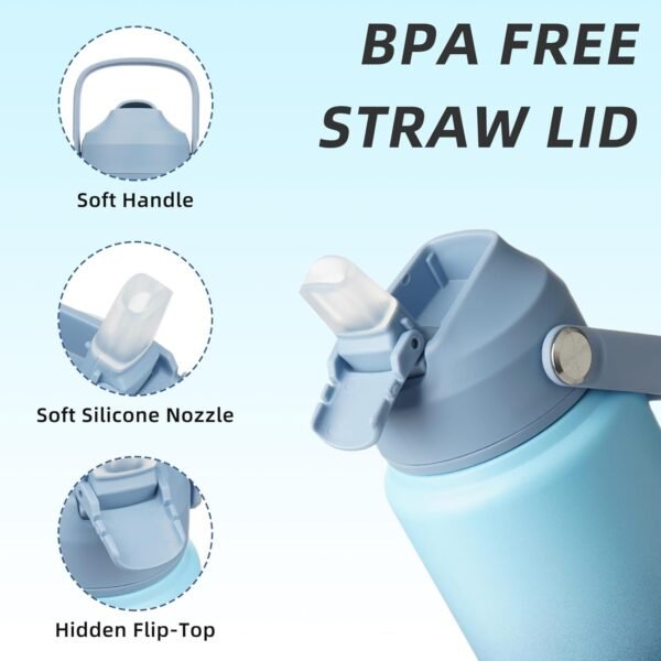 BJPKPK Water Bottle with Straw Lid, 24oz Vacuum Insulated Water Bottles, Metal Stainless Steel Water Bottle for Sports, Travel, BPA Free Leak Proof Thermos, Cups, Flasks, Tumblers,Sky - Image 2