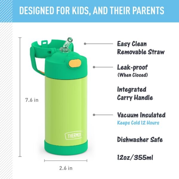 THERMOS FUNTAINER Water Bottle with Straw - 12 Ounce, Lime/Orange - Kids Stainless Steel Vacuum Insulated Water Bottle with Lid - Image 2
