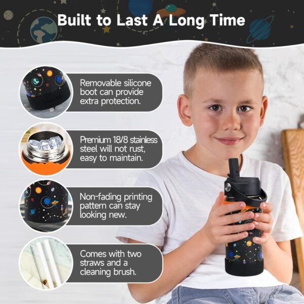 Morlike Kids Water Bottle with Straw Lid, 14oz Vacuum Insulated Stainless Steel Travel Tumbler Thermo Cup for School, Leakproof Toddler Girls Water Bottles(Black, Space) - Image 4