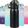 BJPKPK 18oz Insulated Water Bottle With Straw Stainless Steel Double Wall Water Bottles BPA-Free Leak Proof Thermos With Lockable Flip Lid And Soft Silicone Spout,Black Leopard