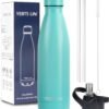 Insulated Water Bottle,17oz Stainless Steel Water Bottles with straw lid,Metal Sports Thermos Water Bottles for Boys,Girls,Double Wall Vacuum BPA-Free Flask for School, Sports & Travel-Turquoise