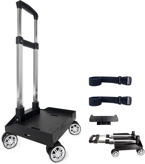 Backpack Trolley Wheeled Cart, Foldable Aluminium Alloy Hand Truck with Edge Guard Base, 4 Spinner Wheels, Luggage Cart with Luggage Strap for Teenagers, Adults, School,Luggage Trolley for Travel