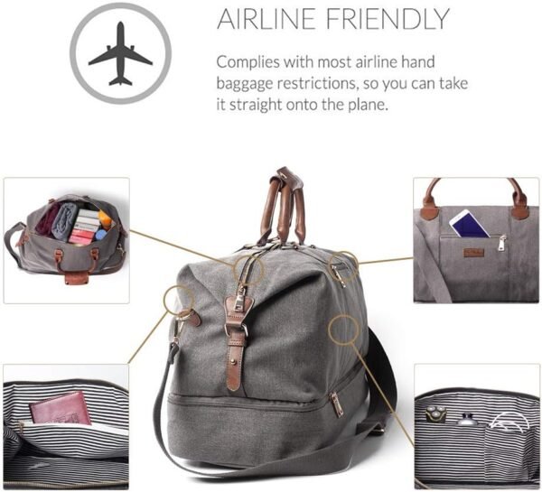 Canvas Travel Tote Luggage Men's Weekender Duffle Bag with Shoe compartment (Grey) - Image 4