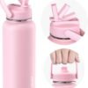 TOURIT 32 oz Insulated Water Bottle, Stainless Steel Water Bottles With Straw, Double Wall Vacuum Metal Thermos for Cold and Hot Drinks, Leak Proof BPA Free Water Flask for Sports and Travel, Pink