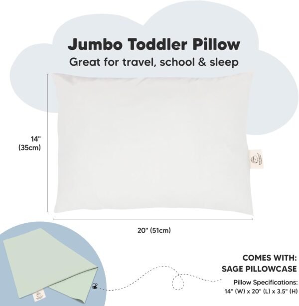 KeaBabies Toddler Pillow with Pillowcase, Jumbo 14X20 - Soft Organic Cotton Toddler Pillows for Sleeping - Machine Washable - Perfect for Travel, Toddler Bed Set (Sage) - Image 3