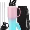 32oz Insulated Water Bottle Tumbler - with Straw & Spout Lid, Strap Carrier Bag, Cold-48H & Hot-24H, Stainless Steel Travel Cup with Handle, Reusable Slim Metal Water Bottle for Car Travel Cycle Gym