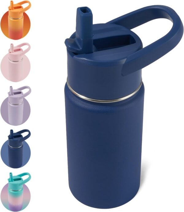 12oz Kids Water Bottle for School Boys&Girls, Leak-Proof Toddler Water Bottle, Stainless Steel Vacuum Insulated Bottle with Straws Lids, Navy blue