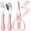 3 Pieces Toddler Utensils with Case 1 Pcs Toddler Fork and Spoon 1 Pcs Baby Food Scissor with Safety Lock Stainless Steel Baby Silverware Set Toddler Travel Essential for Safe Dining (Pink)