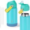 Kids Insulated Water Bottle with Straw Lid & Silicone Handle,12oz Kids Leak Proof Water Bottle for School Boys Girls,Double Wall Vacuum Stainless Steel with Non-slip Silicone Base(Blue)