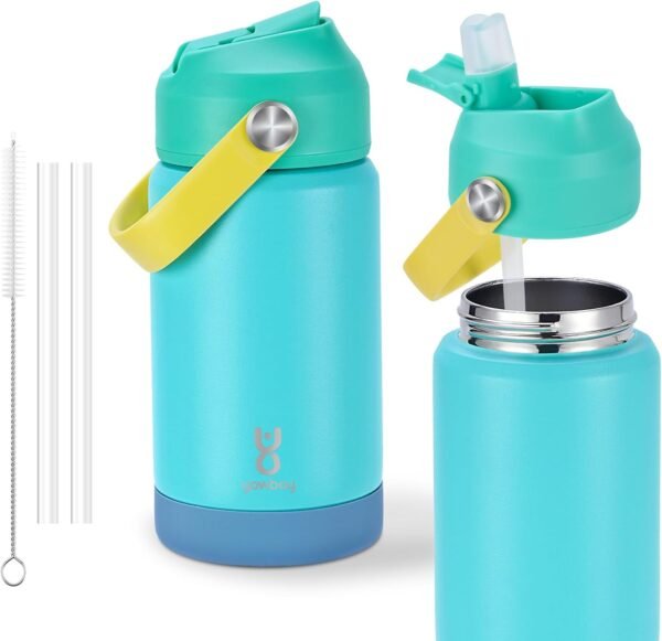 Kids Insulated Water Bottle with Straw Lid & Silicone Handle,12oz Kids Leak Proof Water Bottle for School Boys Girls,Double Wall Vacuum Stainless Steel with Non-slip Silicone Base(Blue)