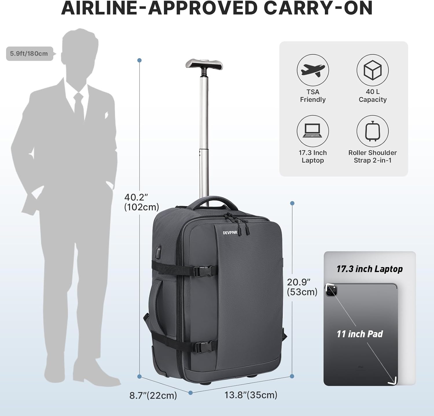 Rolling Backpack for Women Men, Carry on Luggage Travel Backpack with Wheels for Adults, 40L Airline Rolling Laptop Bag, 17 Inch Laptop Trolley Backpack for Overnight Travel Business (Gray) - Image 2