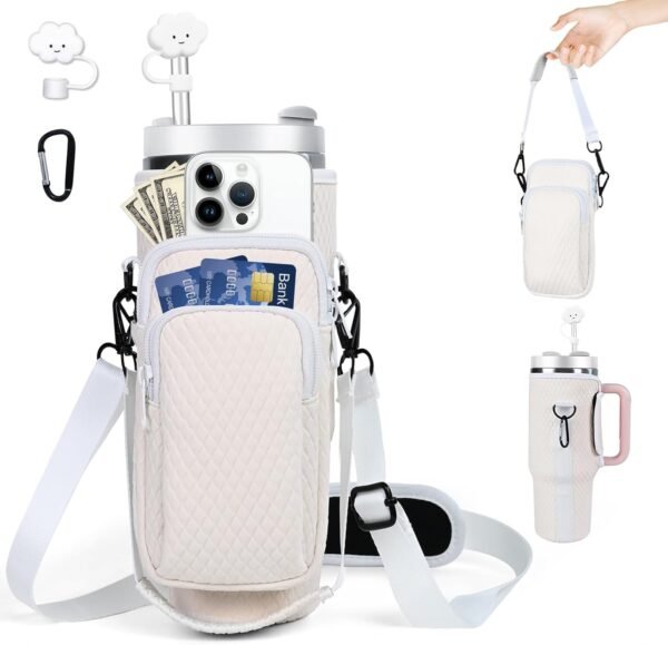 Sunegg Water Bottle Carrier Bag for Stanley 40 oz Tumbler with handle, 3D Embossing Cup holder with Phone Pocket, Strap & Straw Cover, Accessories for Stanley Cup for Outdoor Travel Camping