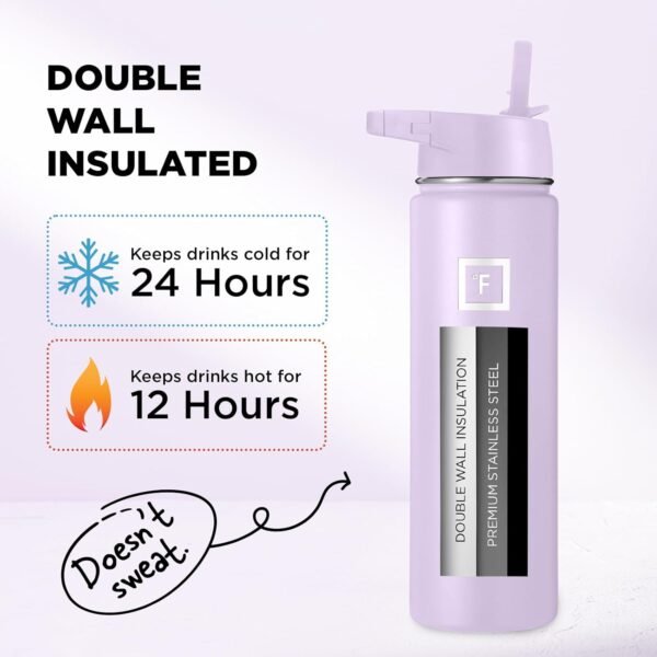 IRON °FLASK Camping & Hiking Hydration Flask, Wide Mouth, 3 Straw Lids, Stainless Steel Outdoor Water Bottle, Double Walled, Insulated Thermos, Metal Canteen - Lavender, 22 Oz - Image 3