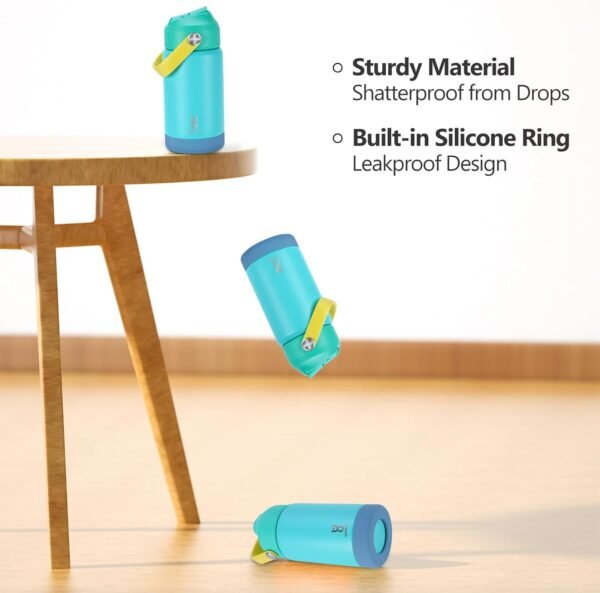 Kids Insulated Water Bottle with Straw Lid & Silicone Handle,12oz Kids Leak Proof Water Bottle for School Boys Girls,Double Wall Vacuum Stainless Steel with Non-slip Silicone Base(Blue) - Image 6