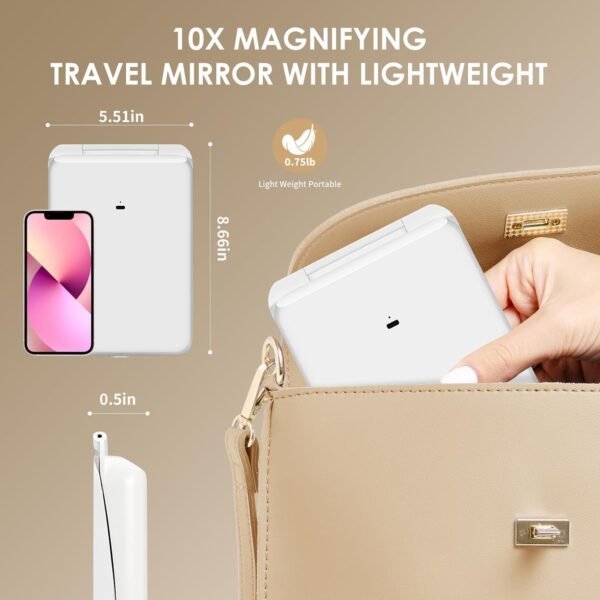 10X Magnification Rechargeable Makeup Mirror for Travel, Makeup Mirror with 80 LED Lights, 3 Color Lighting, Dimmable Touch Screen,Portable Vanity Mirror, Travel Essentials - Image 6
