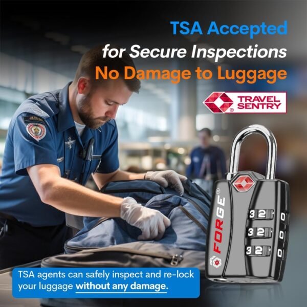 Forge Luggage Locks TSA Approved Black 1 Lock, Small Combination Lock with Zinc Alloy Body, Open Alert, Easy Read Dials, for Travel Suitcase, Bag, Backpack, Lockers. - Image 2