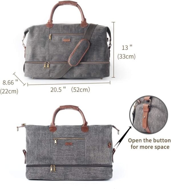 Canvas Travel Tote Luggage Men's Weekender Duffle Bag with Shoe compartment (Grey) - Image 5