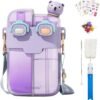 Kawaii Water Bottle, 26oz Cute Water Bottle With Straw and Strap for Girls, Portable Leakproof Dual Chamber Water Bottle With Stickers for School(Purple)