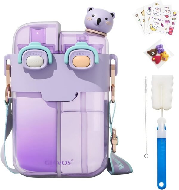 Kawaii Water Bottle, 26oz Cute Water Bottle With Straw and Strap for Girls, Portable Leakproof Dual Chamber Water Bottle With Stickers for School(Purple)