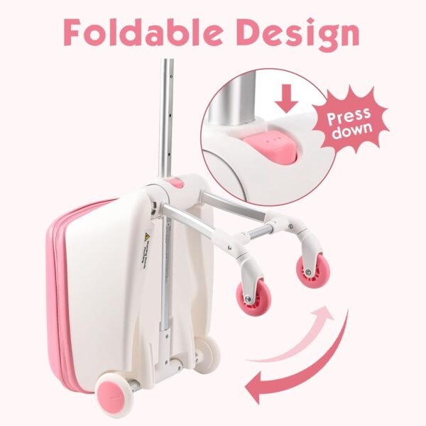 Kids Ride-on Luggage, Carry on Luggage with Trolley+Suitcase Design, Foldable and Rideable Suitcase with Spinner Wheels and Seat, 20" suitcase for Toddler Baby Travel Flight, Pink - Image 7