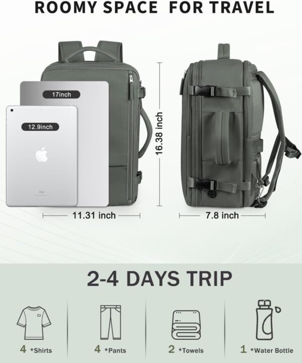 INC Travel Backpack For Women Men, 35L Carry On Backpack Flight Approved, Waterproof Anti-theft Personal Item Suitcase Backpack For Weekender, Traveling, Green - Image 3