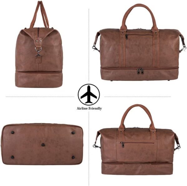 Leather Travel Bag with Shoe Pouch,Weekender Overnight Bag Waterproof PU Leather Large Carry On Bag Travel Tote Duffel Bag for Men or Women-Brown - Image 5