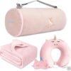 Kids Travel Blanket and Pillow- Premium Soft Pink Airplane Blanket with Adjustable Travel Bag, Hand Luggage Belt Compact Pack Large Blanket for Car, Road Trip, Home Use (60"*40" in)